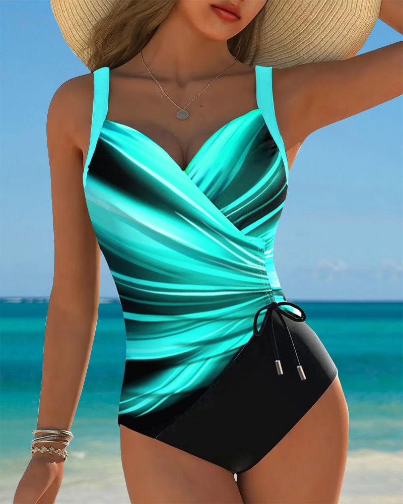 One-Piece Contrast Color Lace-Up Swimsuit