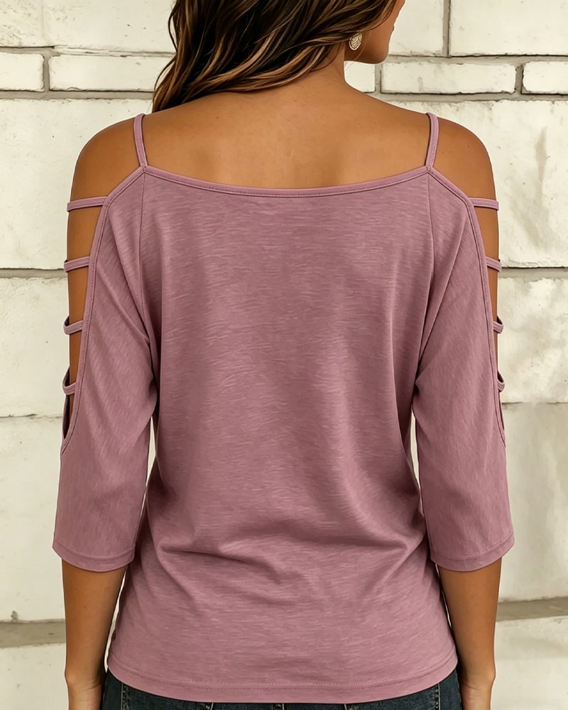 Solid Color Elbow-Length Sleeve Off-Shoulder T-Shirt