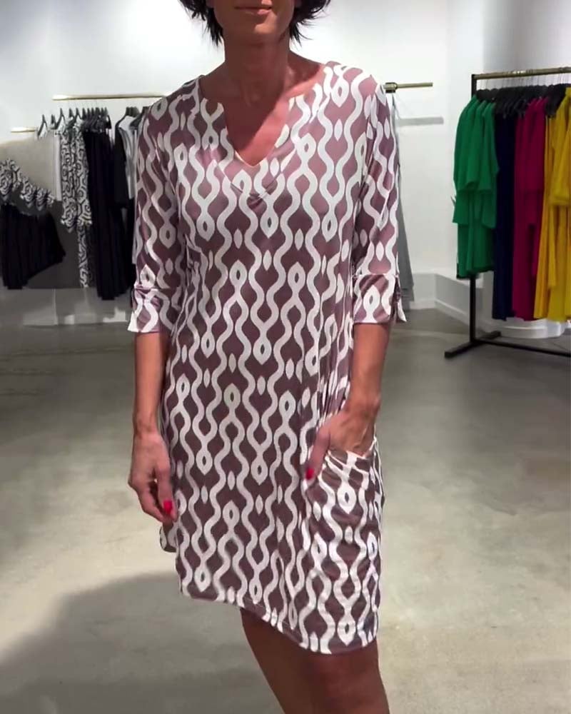 Stand Collar Mid-Length Printed Dress