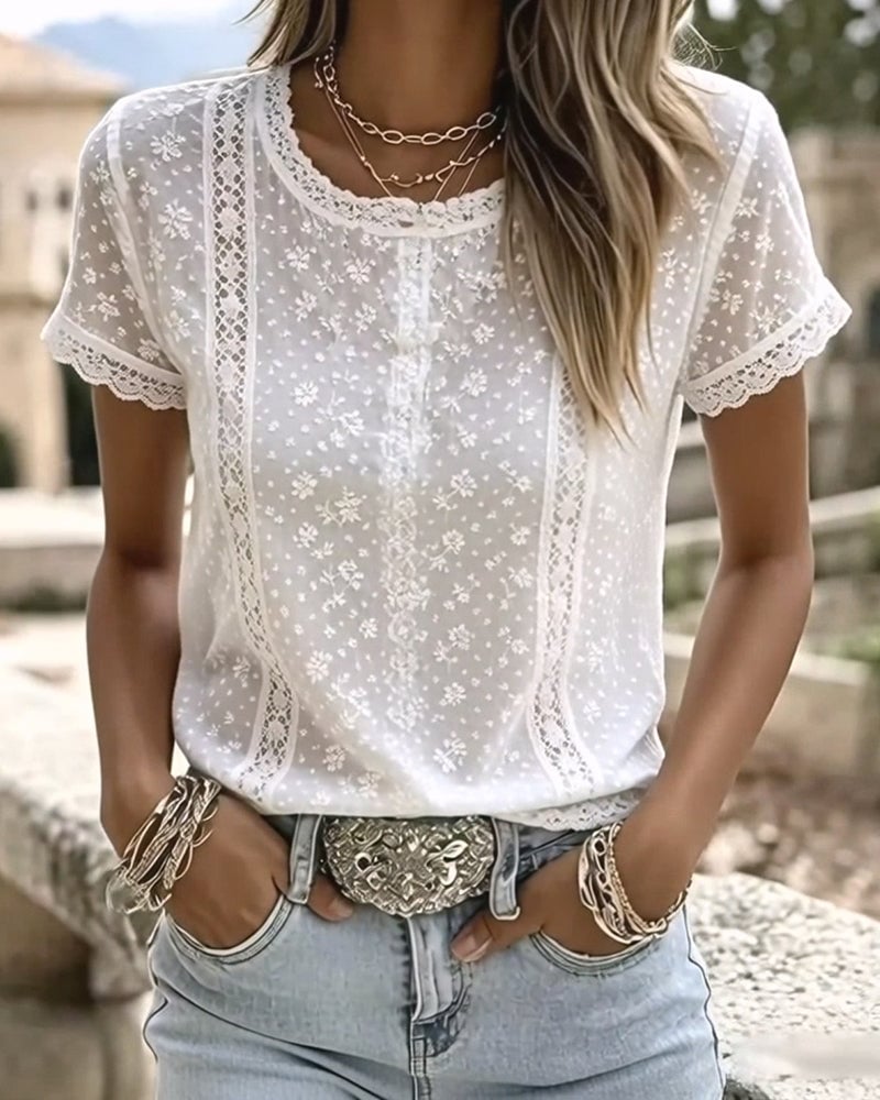 Lace Hollow Out Short Sleeve Blouse