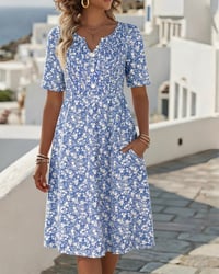 V-Neck Short-Sleeved Floral Dress