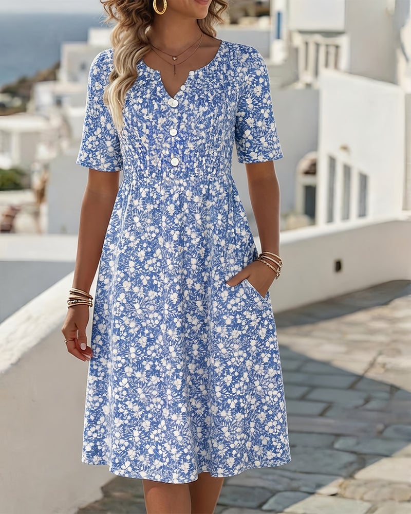V-Neck Short-Sleeved Floral Dress