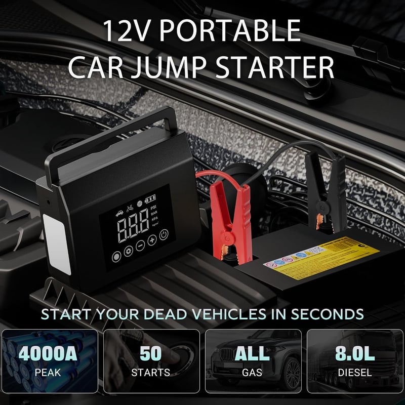 Portable Car Jump Starter with Air Compressor & Tire Inflator