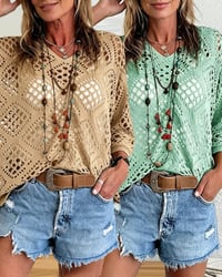 Diamond-Patterned Openwork Loose Top Set