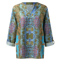 Women's Casual Boho Print V Neck Long Sleeve T-Shirt