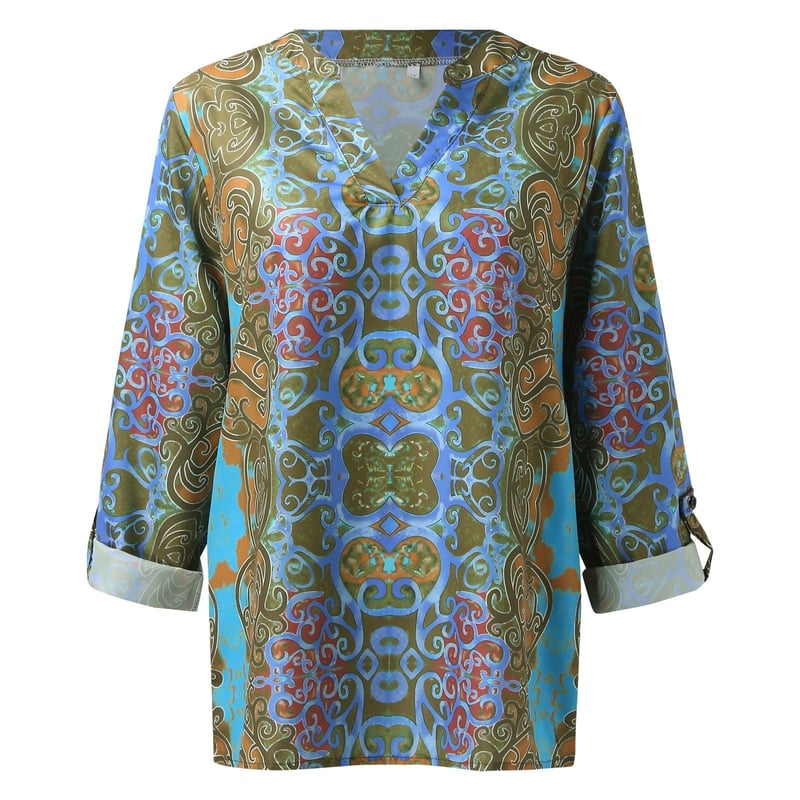 Women's Casual Boho Print V Neck Long Sleeve T-Shirt