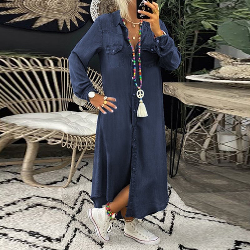 Enfärgad långärmad denimklänning för kvinnor