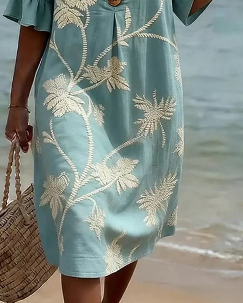 Petite V-Neck Ruffle Three-Quarter Sleeve Dress