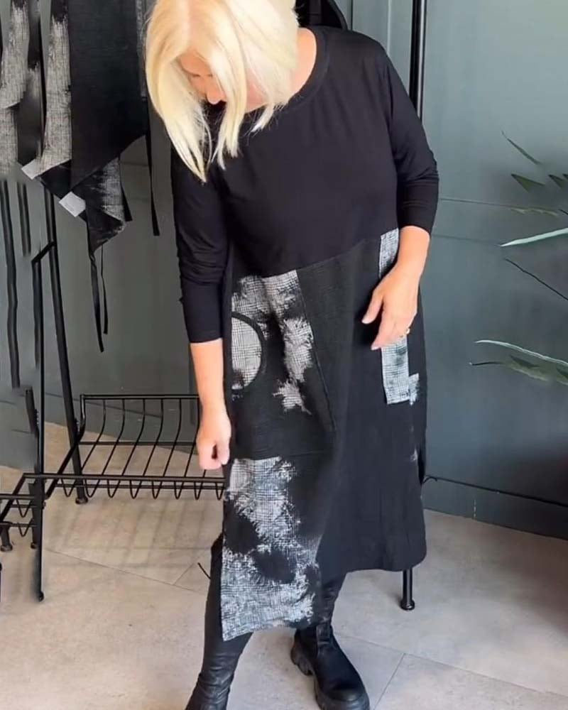Casual printed pocket long sleeve dress