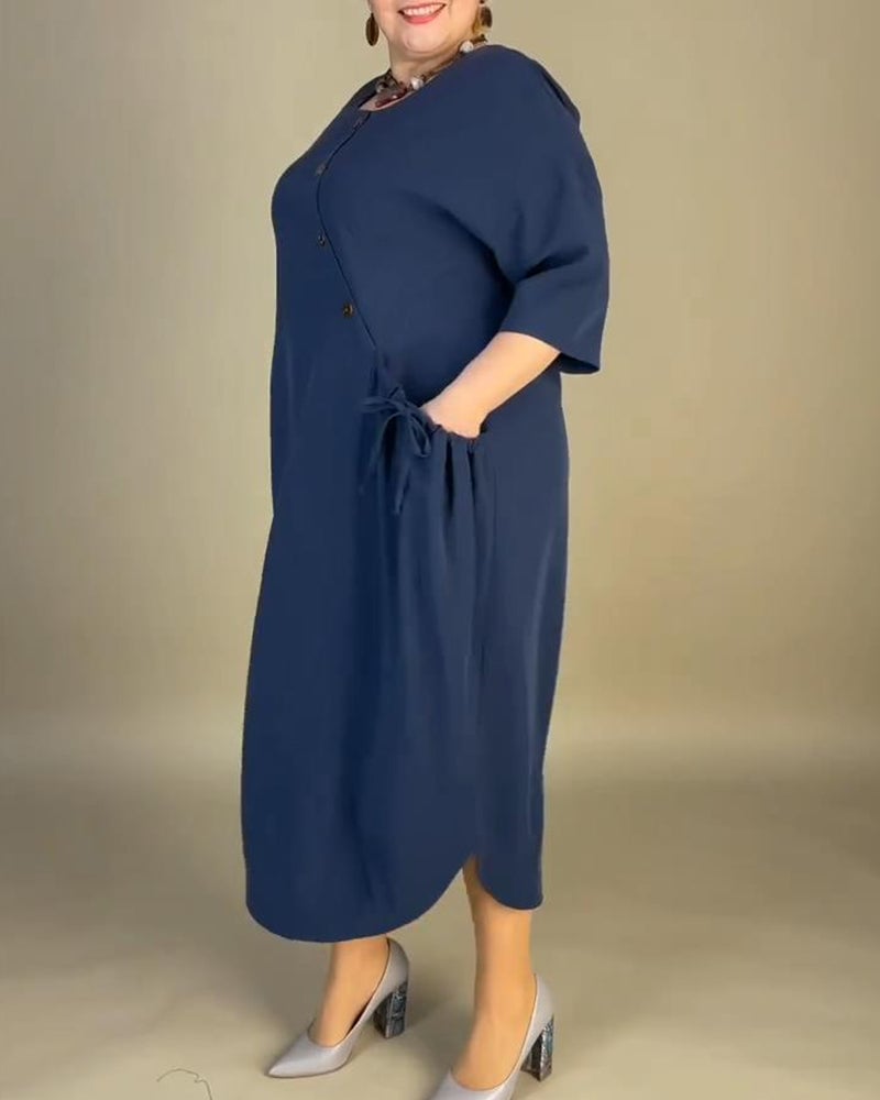 Casual solid color oblique button pocket loose dress