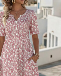 V-Neck Short-Sleeved Floral Dress