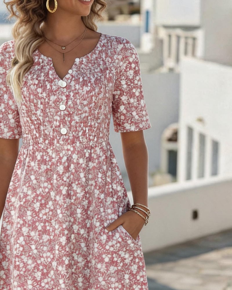 V-Neck Short-Sleeved Floral Dress