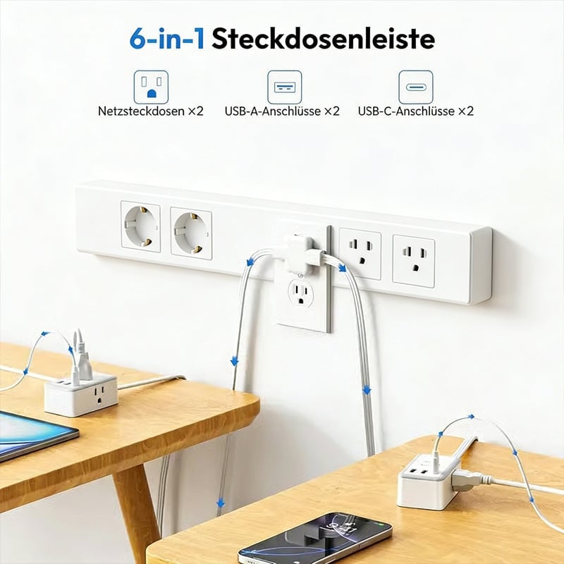 6-in-1 Doppel-Verlängerungskabel-Steckdosenleiste