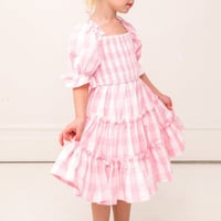 Children's Square Neck Lantern Sleeve Floral Plaid Dress