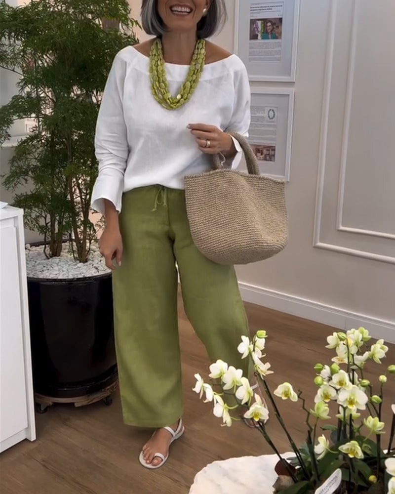 Top Simple avec Col Rond, Couleur Uni et Manches Longues