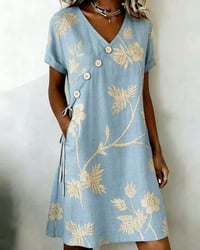 Diagonal Button Print V-Neck Mini Dress