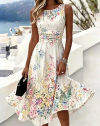 Sleeveless Floral Print Waist-Cinching Dress