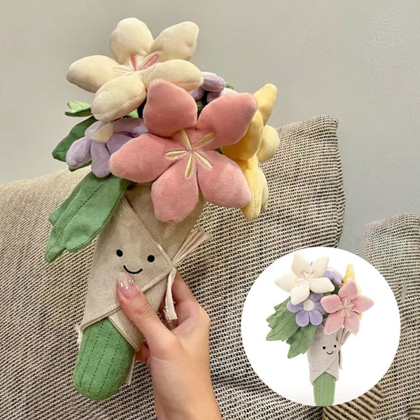 Sødt plysdyr med blomsterbuket