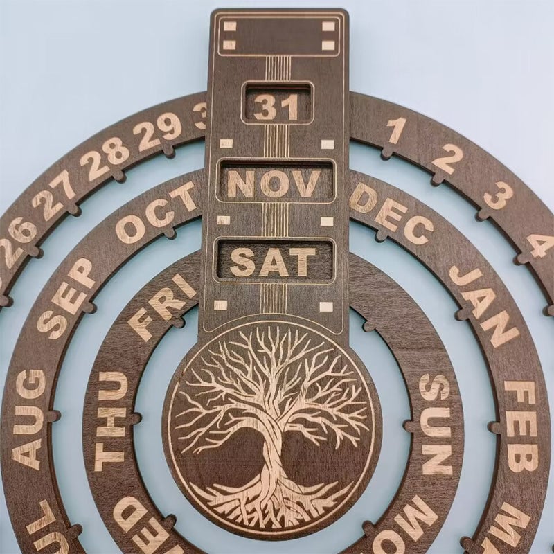 Roterende cirkulær evighedskalender i træ