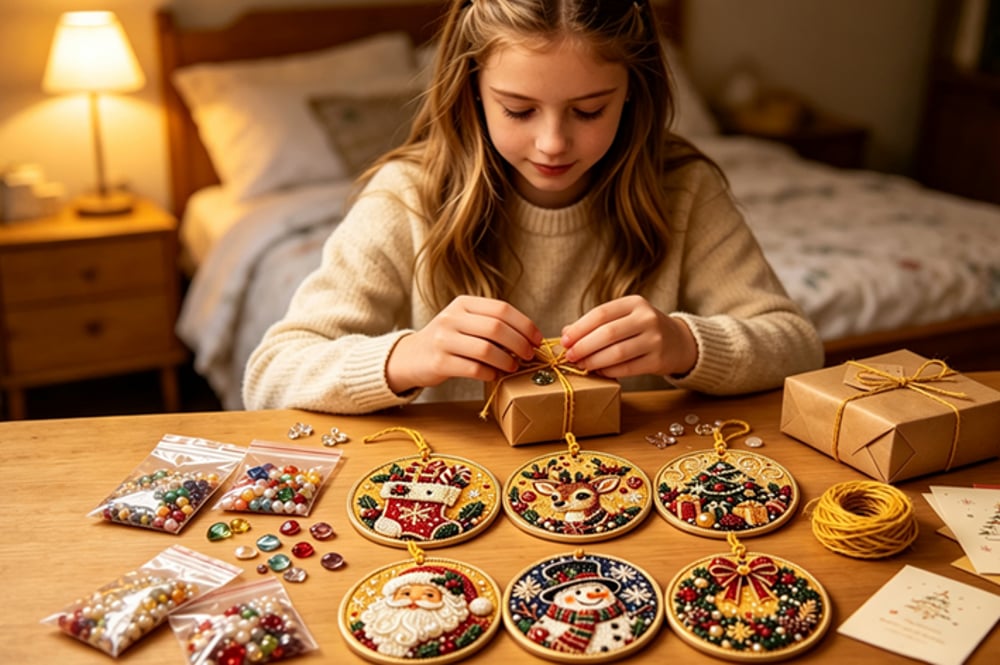 Handmade Christmas diamond painting ornaments prepared for gifting
