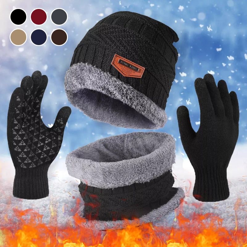 Knit Beanie Scarf and Gloves Warm 3-Piece Set