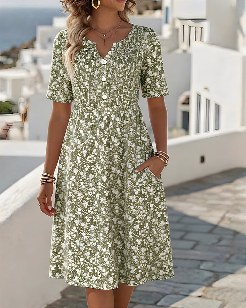 V-Neck Short-Sleeved Floral Dress