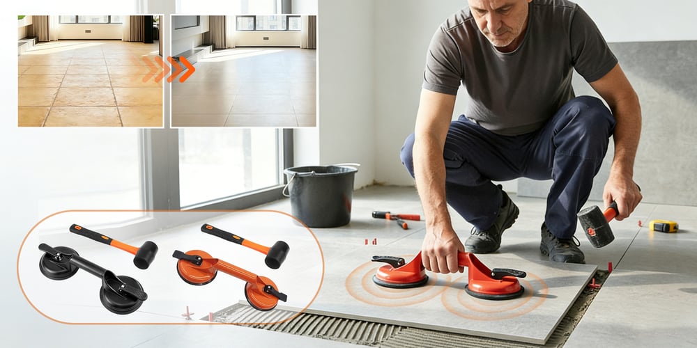 Laminate floor gap repair tool kit shown with mallet and suction cups