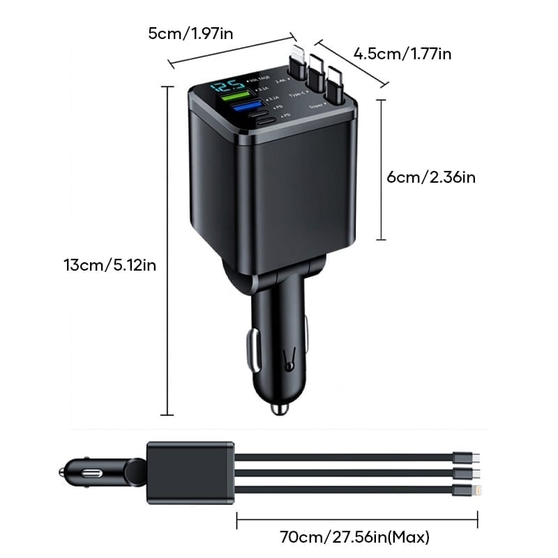7-in-1 Universal Retractable Car Charger with Intelligent Voltage Display