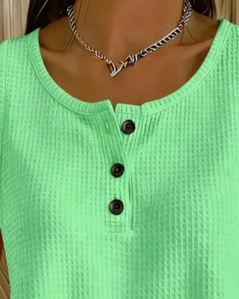 Crew Neck Sleeveless Waffle Button Tank Top