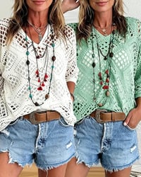 Diamond-Patterned Openwork Loose Top Set