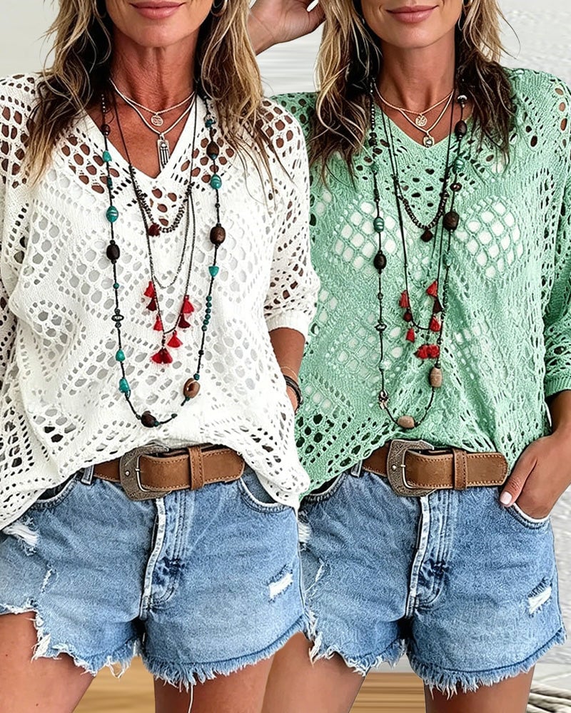 Diamond-Patterned Openwork Loose Top Set