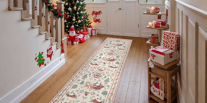A stunning perspective shot down a hallway with the runner creating a 'red carpet' effect leading to a Christmas tree