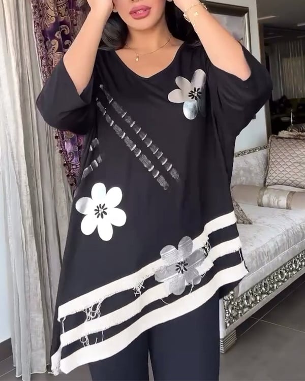 T-Shirt lässig V-Ausschnitt bedruckt unregelmäßig