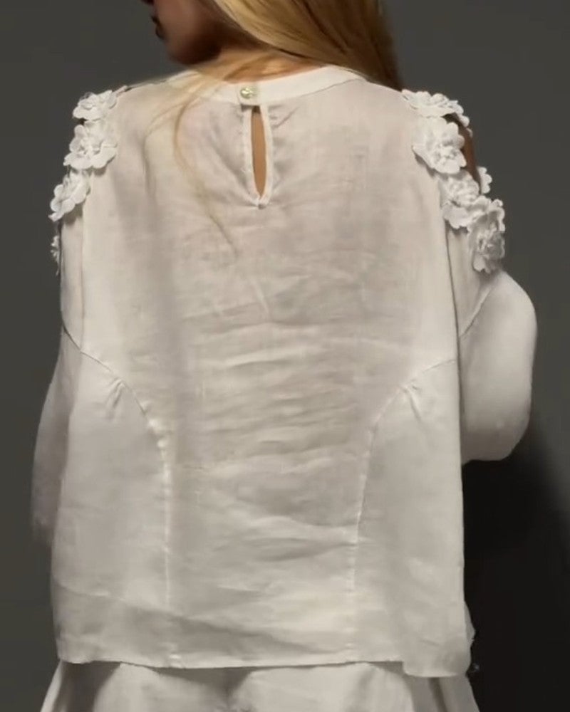 Crewneck Cut-Out Off-Shoulder 3D Floral Blouses