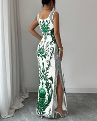 Blue-and-White Sleeveless Slit Maxi Dress