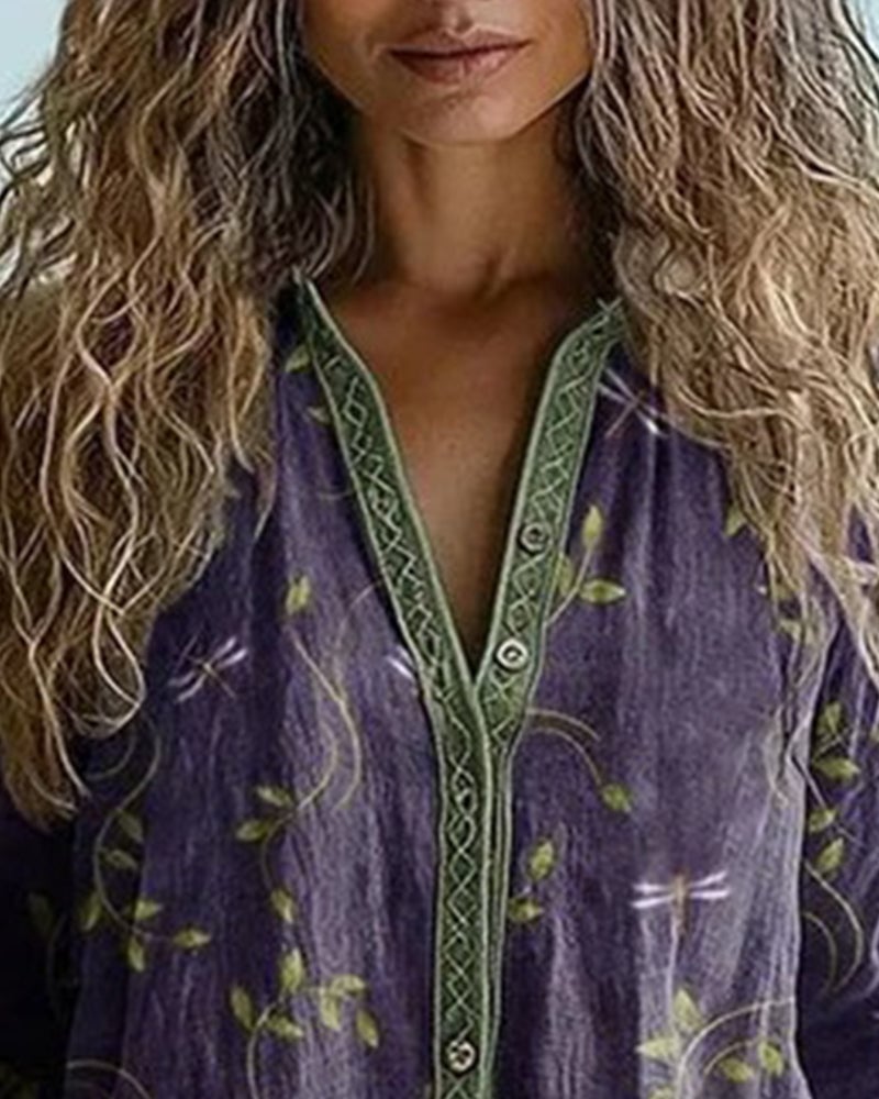 Dragonfly Embroidery V-Neck Blouse