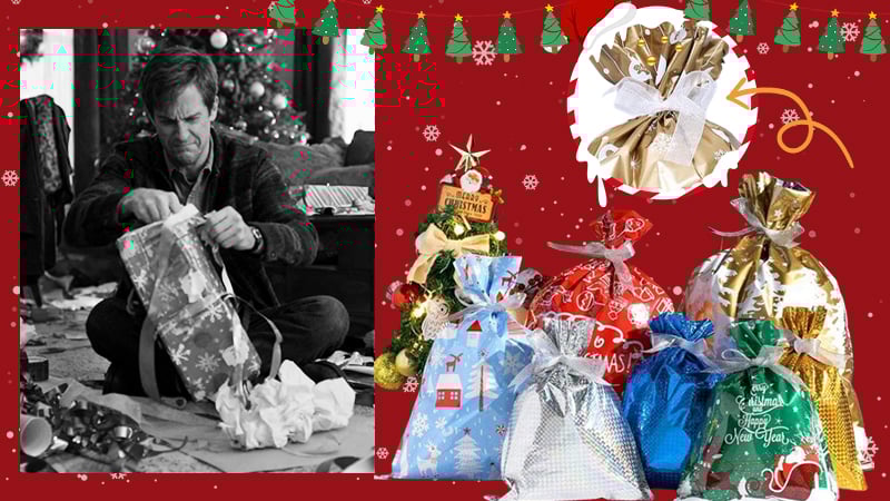 A contrast between wrapping paper disasters and the simple pull of a drawstring bag