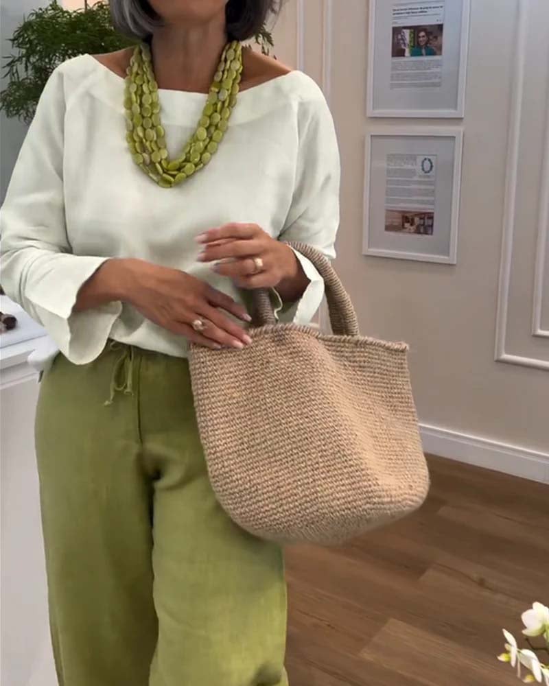 Top Simple avec Col Rond, Couleur Uni et Manches Longues