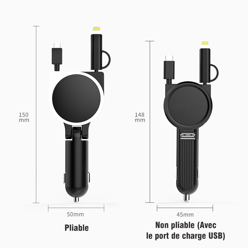 3-en-1 Chargeur Voiture Avec Câble Rétractable