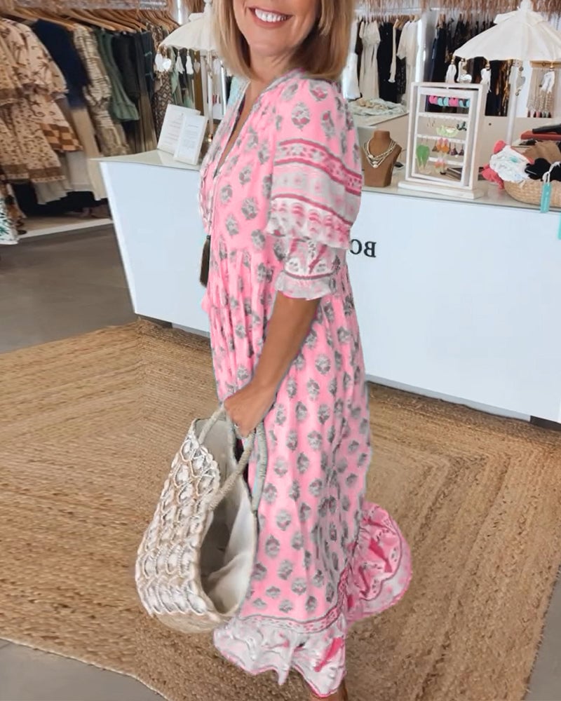 Casual printed V-neck half-sleeve dress