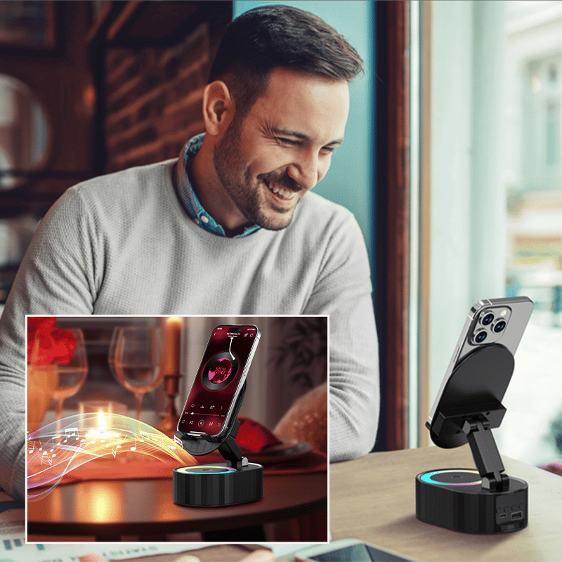 360° Adjustable Phone Stand with Built-in Bluetooth Speaker