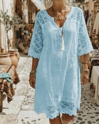 Kleid V-Ausschnitt Spitze Patchwork Lässig