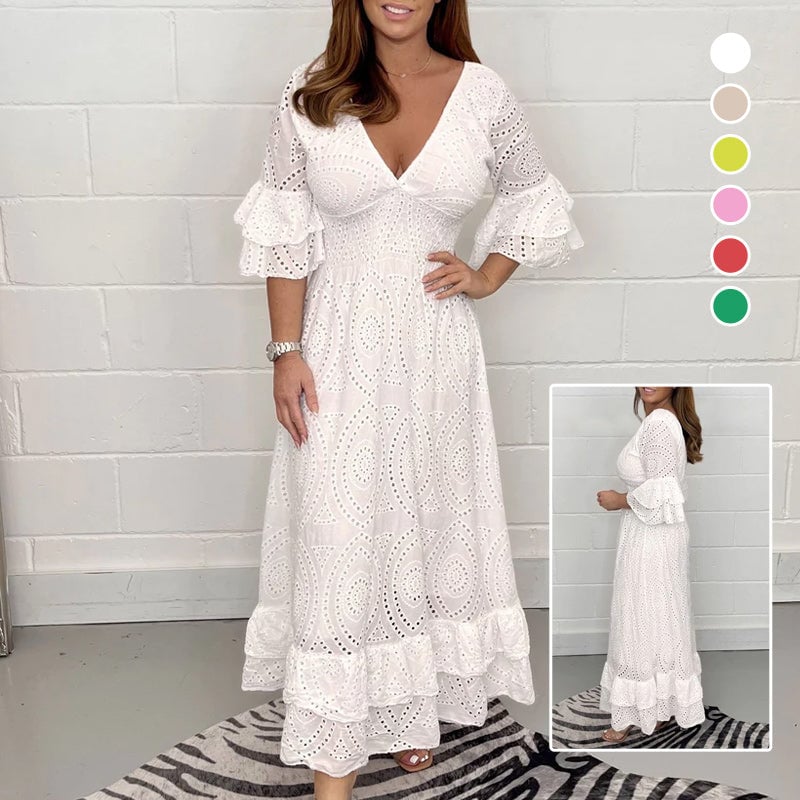Broderi anglaise midiklänning med volangärm