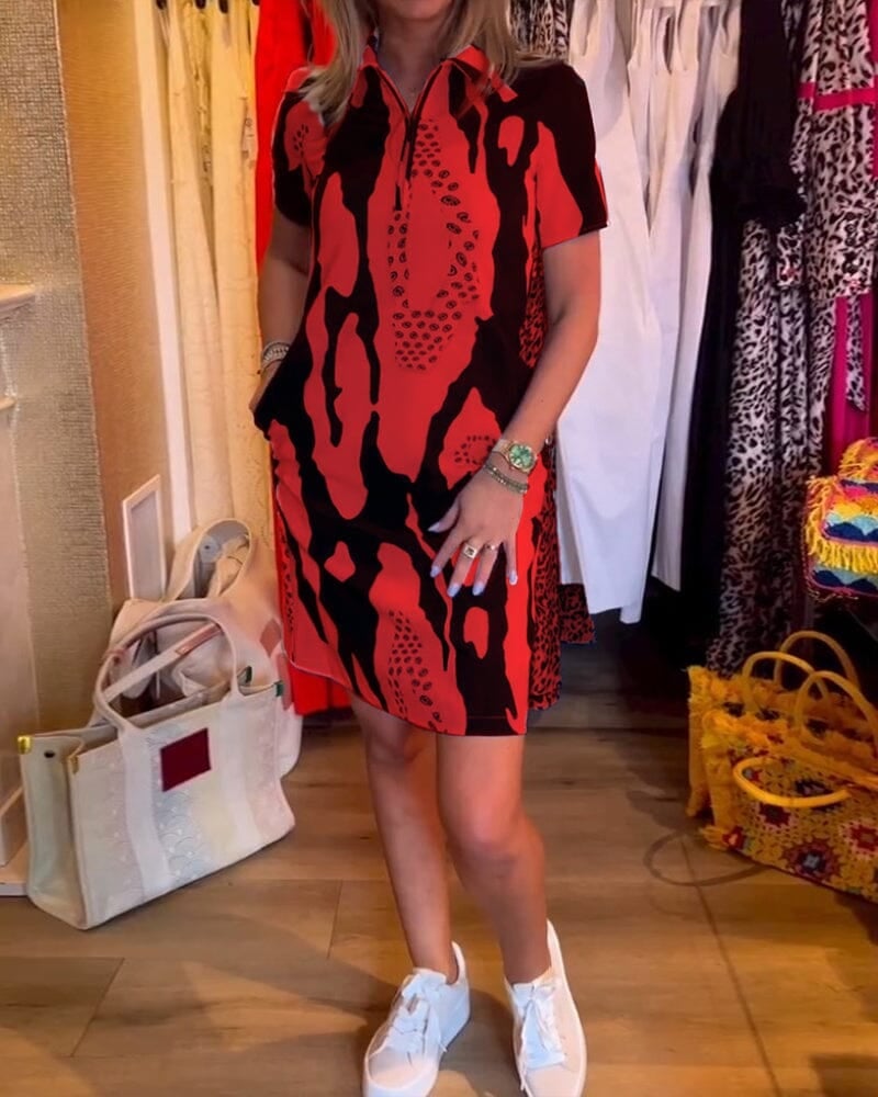Printed lapel short sleeve dress