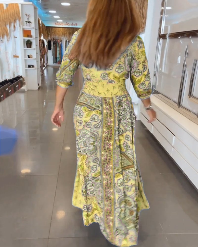 Robe de vacances à col en V et manches 3/4
