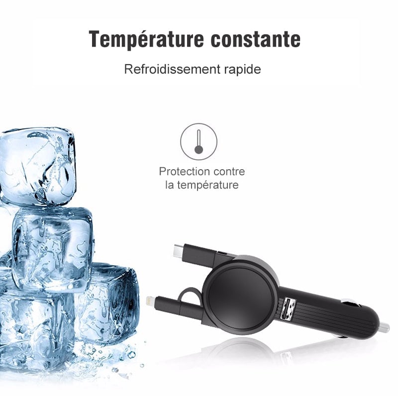 3-en-1 Chargeur Voiture Avec Câble Rétractable
