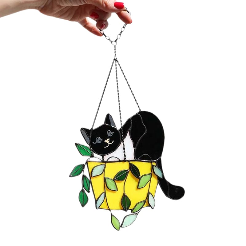 Katt i blomkruka Solfångare Glasmålning Fönsterhängare