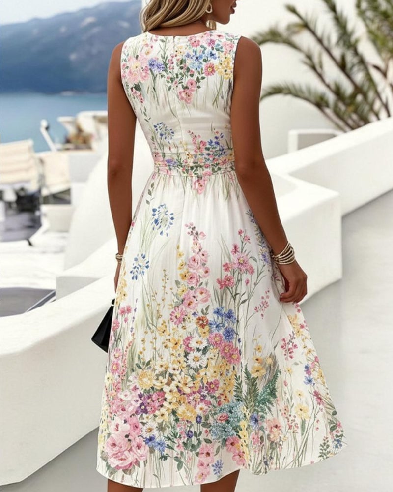Sleeveless Floral Print Waist-Cinching Dress