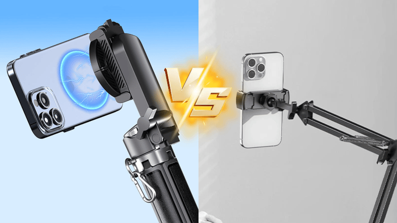 Side-by-side comparison showing a phone snapping onto the magnetic mount and another phone in the four-corner clamp.