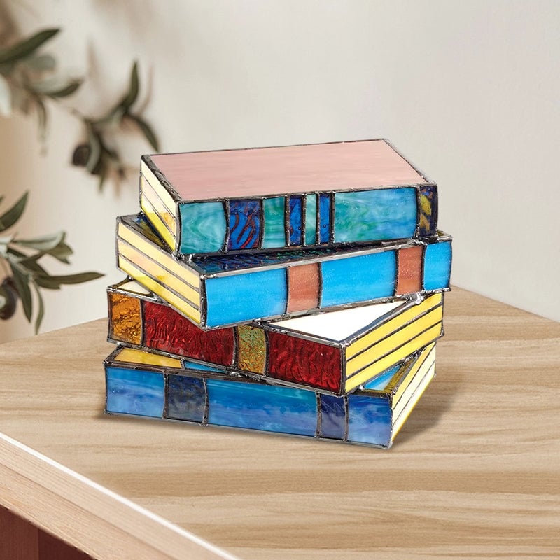 📚Gebrandschilderd glas gestapelde boekenlamp